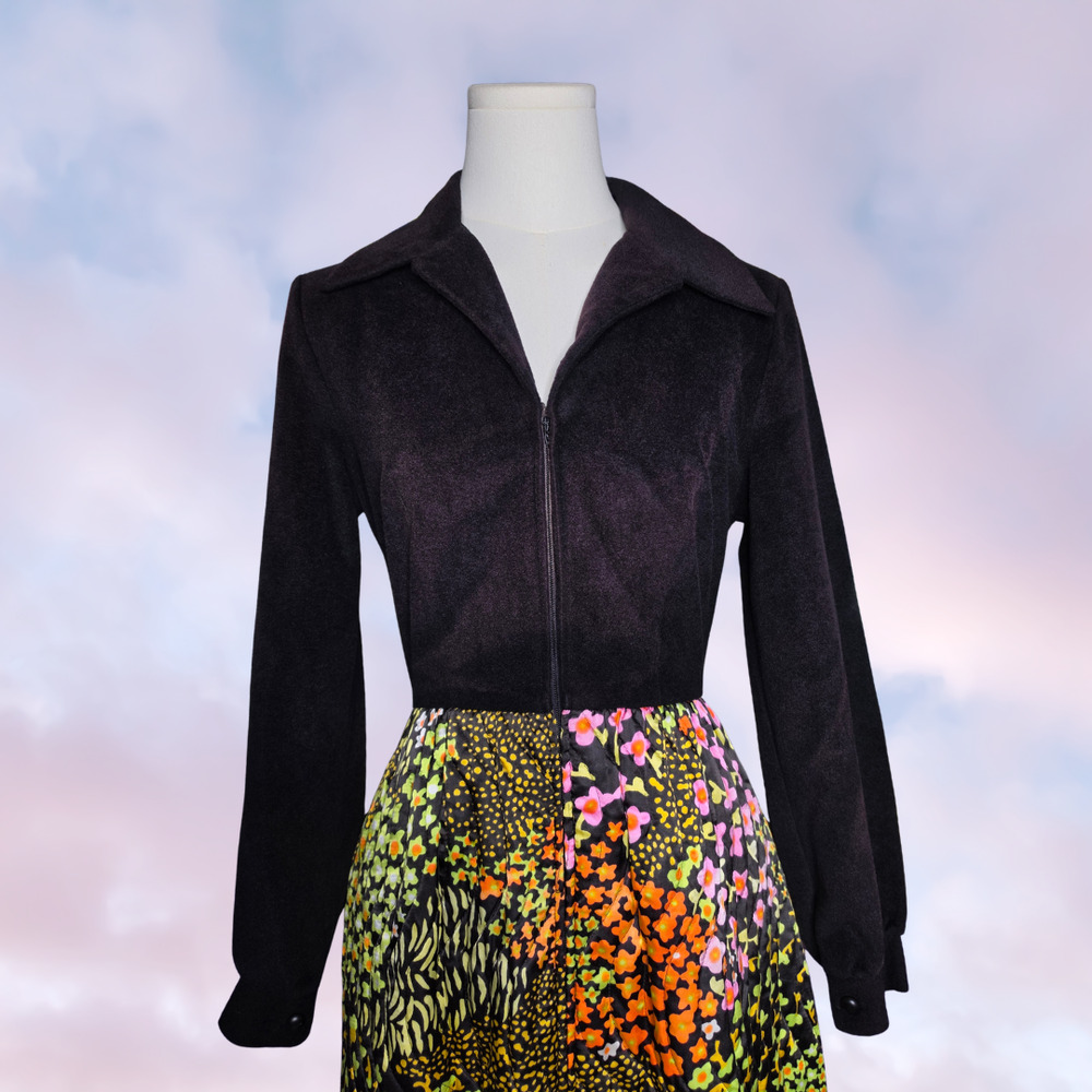 Vtg 70s Evelyn Pearson Black Velvet Top Floral Quilt Skirt full Long Maxi Dress - Picture 2 of 9